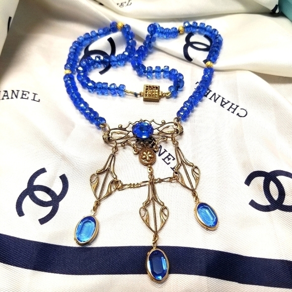 Rare Designer signed SADIE GREEN DECO Sapphire Crystal Necklace Brooch - Picture 5 of 7